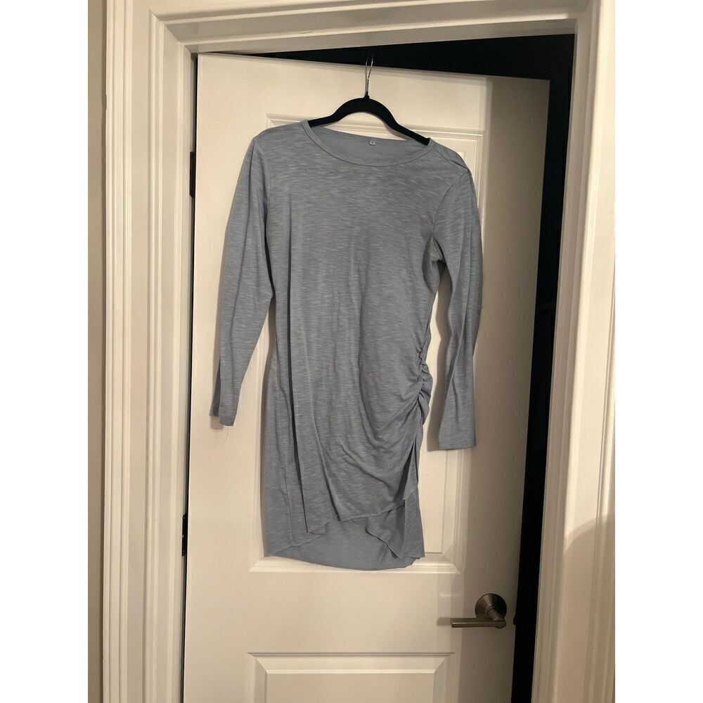 Long sleeve blue round neck ruched raw edge hem dress Leith style